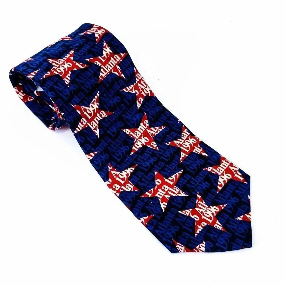 1996 Olympics Neck Tie Men's Atlanta Georgia 100% Silk RM Sport Red Blue Stars